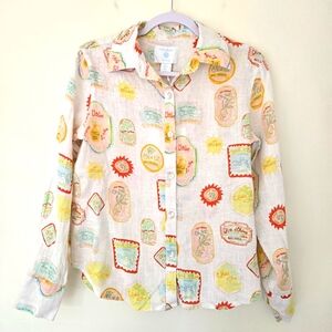 Cynthia‎ Rowley 100% Linen Olive Oil Label Print Button Down Shirt S